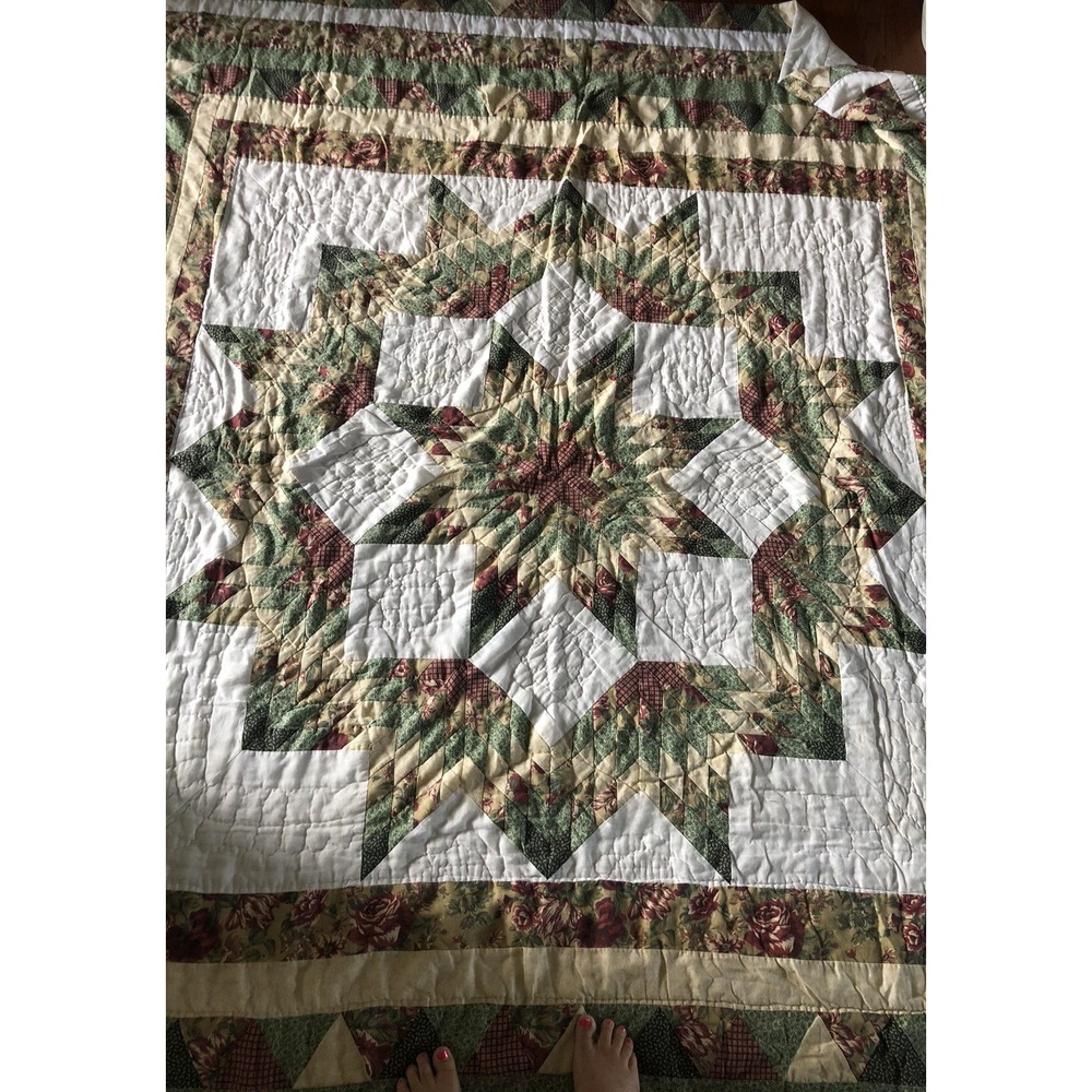 Vtg Lone Star Quilt With 2 Shams Queen Size 90x100 Burgundy Green Hand Quilted